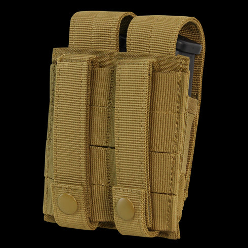 The Condor Double Pistol Mag Pouch in MultiCam Black holds two magazines, features snap closures, reinforced stitching, and durable fabric—ideal for EDC or law enforcement.